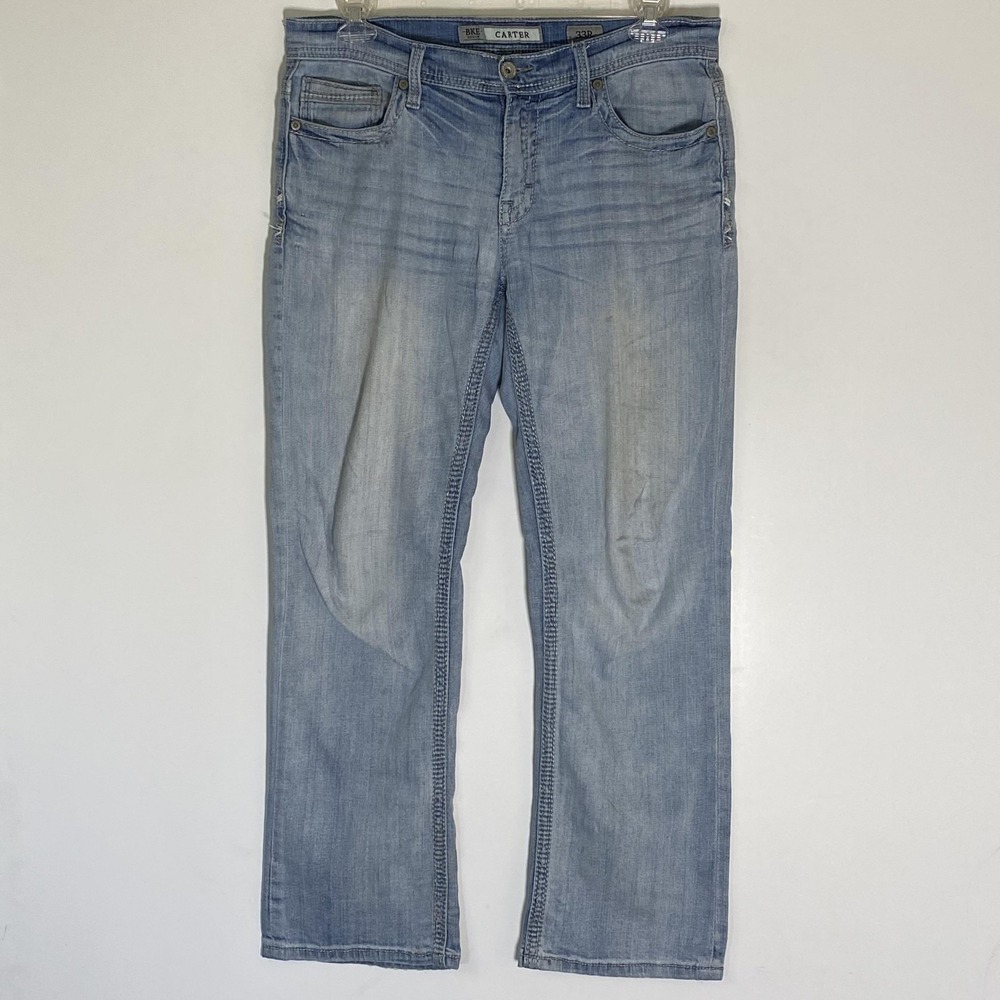 BKE Denim Carter Jeans Mens 33x30 Blue Relaxed Straight Light Wash Distressed‎